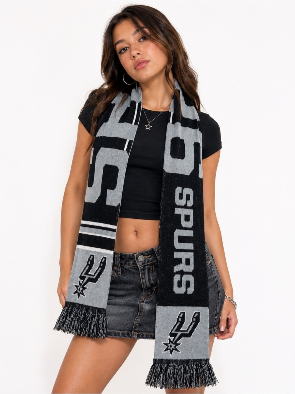 San Antonio Spurs NBA Knit Scarf Black Gray Fringe Basketball Streetwear Sporty